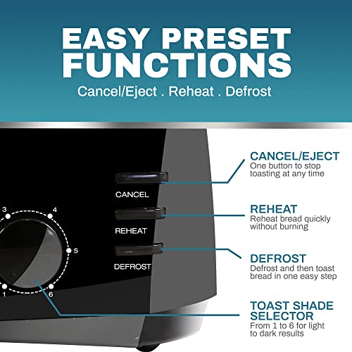 Elite Gourmet 4-Slice Long Slot Toaster - Black, Extra-Wide Slots, 6 Toast Settings