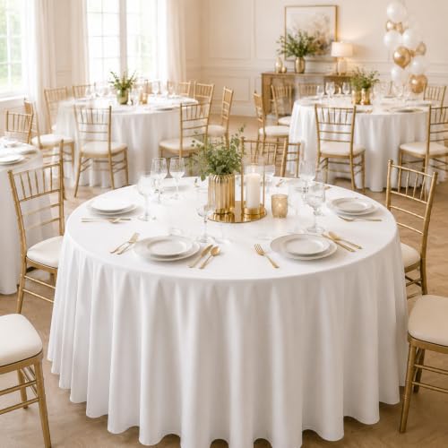 White 120 Inch Round Tablecloths - Pack of 10 Washable Polyester Cover for Dining & Events