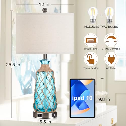 Teal Coastal Glass Table Lamps Set of 2 with USB & AC Outlet - 25.5" Bedside Touch Lamps