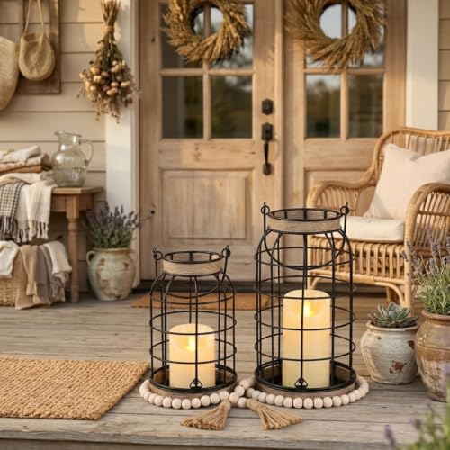 MATAHUM Rustic Farmhouse Candle Lantern Set - 2Pcs with Flameless Candles, Boho Decor