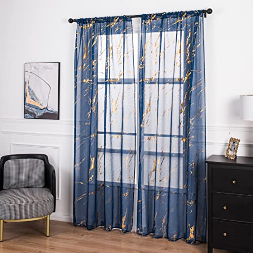 Sutuo Home Marble Sheer Curtains 108 Inch Long 2 Panels Set, Gold