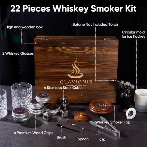 Whiskey Smoker Kit with Torch, Wooden Gift Box, 6 Wood Chips, Glasses & Molds - Natural