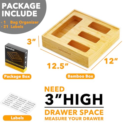 SpaceAid Natural Bamboo Bag Storage Organizer for Kitchen Drawer, 3 Inch Height, 4 Slots