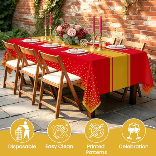 LIKAJON 2 Pack Red and Gold Waterproof Tablecloths 54x108 Inch for Parties