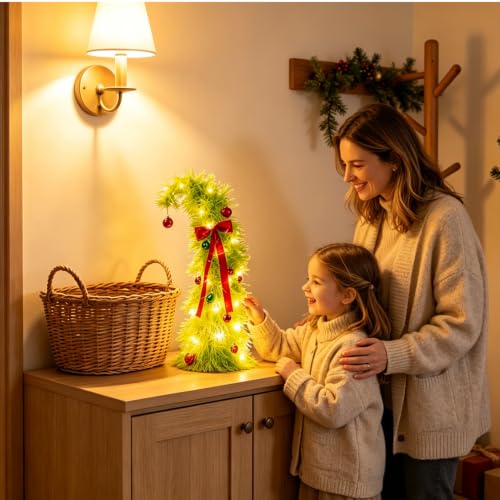 Nexstron Velvet Bow Mini Christmas Tree 20 Inch with Lights & Ornaments – Grinch-Inspired Holiday Decor