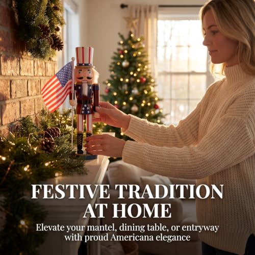 Valiclud Patriotic Nutcracker Figurine – Wooden Soldier Nutcracker with USA Flag