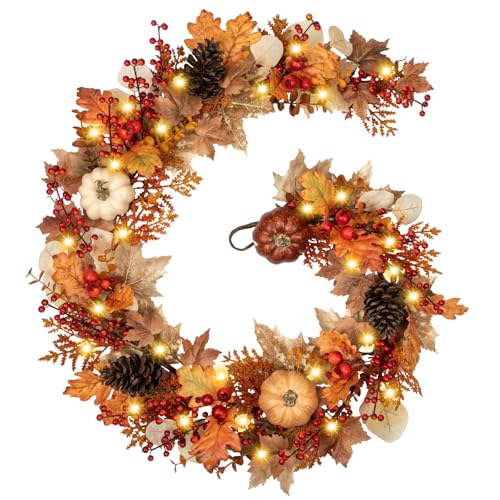 Villa Como 6FT Fall Garland with Lights, Pumpkins, Pinecones, Berries - Brown