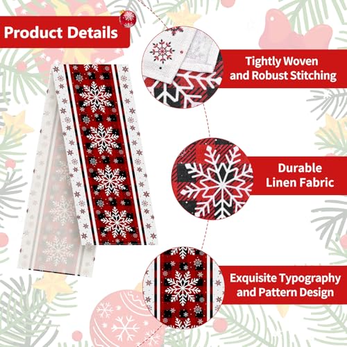 Pedenty Red Buffalo Plaid Christmas Table Runner with White Snowflakes, 72 x 13 in (Variation: Red Snowflake)