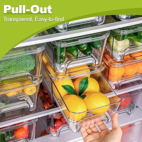 6-Pack Clear Fridge Organizer Bins with Drain Tray - Stackable, Food Storage Containers