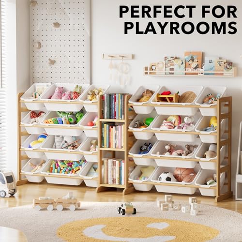 SpaceAid 74W Large Toy Storage Organizer with 24 Bins & 3 Shelves, White Kids Bookcase