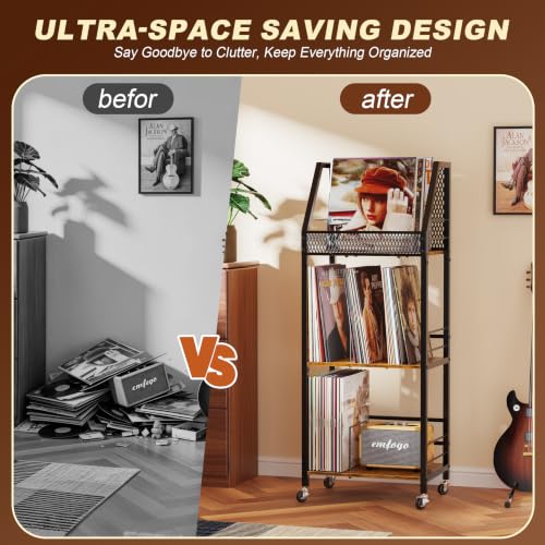 Vinyl Record Storage Holder for 300 Albums - 3-Tier Rolling Shelving Unit with Dividers