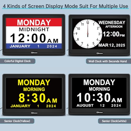 12” Black Digital Dementia Clock for Seniors with 20 Alarms & Auto Dimming