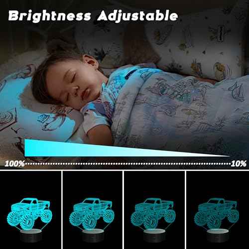 Monster Trucks Night Light for Boys, 3D LED Optical Illusion Lamp with Remote Control and Timer, Perfect Christmas and Birthday Gift Idea for Boys, Kids, and Teens