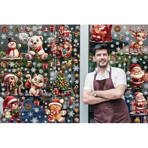 12 Sheets 171 Pcs Big Size Christmas Window Clings - Santa, Reindeer, Dog & Cat Window Stickers & Decals for Home, School, Office & Party Supplies
