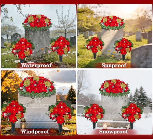 Red Poinsettia Cemetery Flowers 3-Piece Set for Grave Memorials