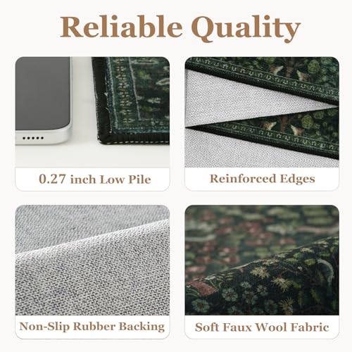 Green Woodland Floral Animal Rug 5x7 - Washable Low-Pile Area Rug for Living Room, Bedroom, Nursery - Non Slip