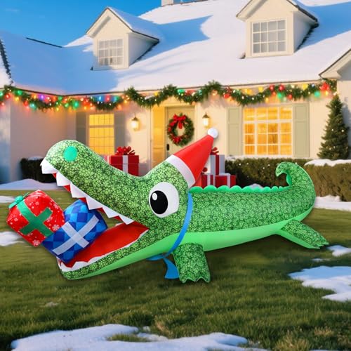 Aotiooy 9.3 FT Christmas Inflatable Crocodile Yard Decor with LED Lights, Santa Hat & Gift Box