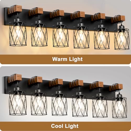 Black Farmhouse Bathroom Vanity Light 6-Light Wood & Metal Fixture Over Mirror - Rustic Style