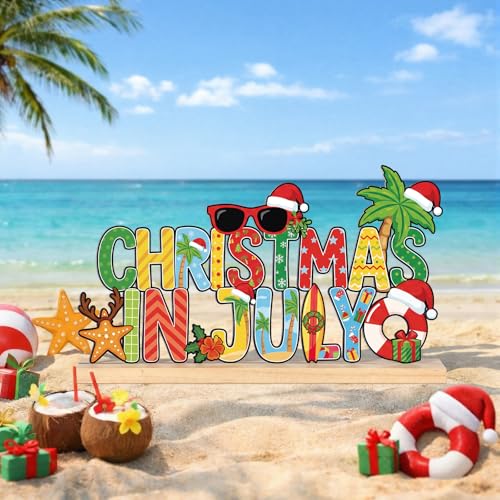 Metal Christmas in July Sign Tabletop Decor with Wooden Base