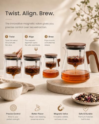 ZENS Magnetic Glass Teapot with Walnut Handle - 27oz Loose Tea Infuser