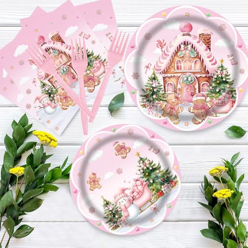 Christmas Pink Gingerbread House Tableware Set 96 Pcs Disposable