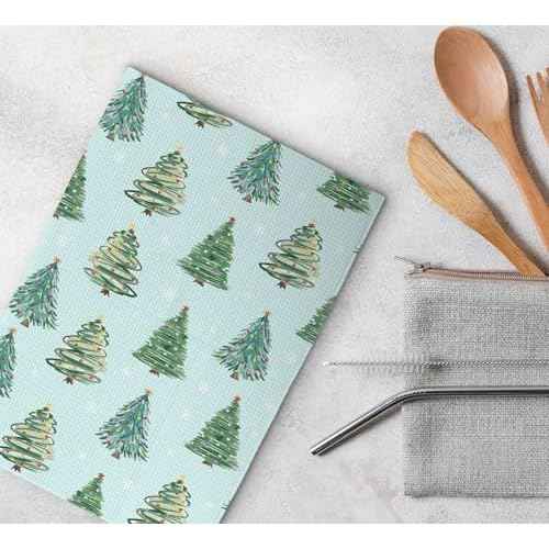 Christmas Kitchen Towels - Green Xmas Tree & White Snowflake Hand Towels for Bathroom & Kitchen, Merry Christmas