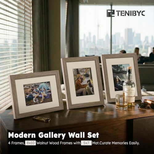 TENIBYC Walnut 8x10 Picture Frame Set with Mat - 4 Pack, Glass, Wall & Tabletop Display