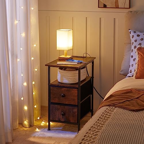 End Table with Charging Station Set of 2 - Rustic Brown and Black Nightstands with USB & Power Outlet