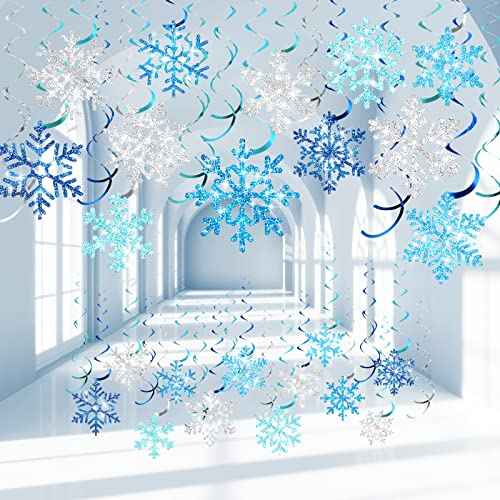 Sumind 30 Pcs Winter Party Wonderland Decorations Snowflake Hanging Swirls Ceiling Decor Winter Baby Shower Streamers Christmas Hanging Decor Holiday Birthday Wedding Party Supplies(Blue, Silver)