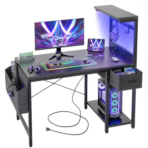 40 Inch Gaming Desk with Power Outlet & LED Light - Reversible Shelves, Carbon Fiber Surface, Black