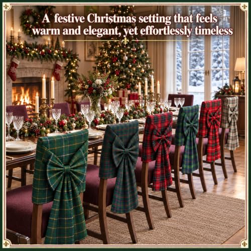 Breling 6 Pcs Christmas Bow Chair Back Covers Tartan Plaid Old Money Style