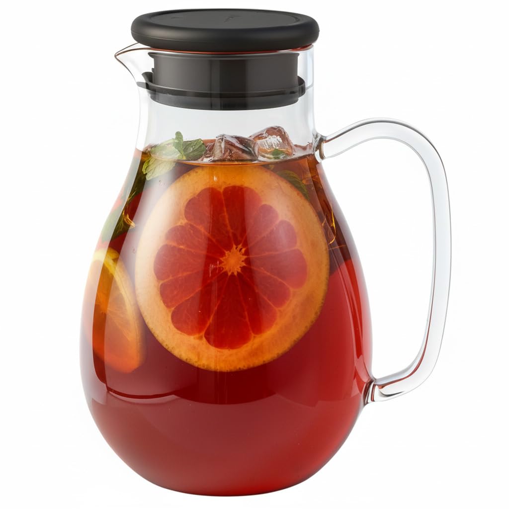Spreccio Glass Pitcher with Lid, 68 oz(1/2 Gallon), Hot/Cold Glass Water Jug with Silicone Lid, Borosilicate Glass Carafe Wide Mouth Juice and Iced Tea Beverage Serveware (Round)