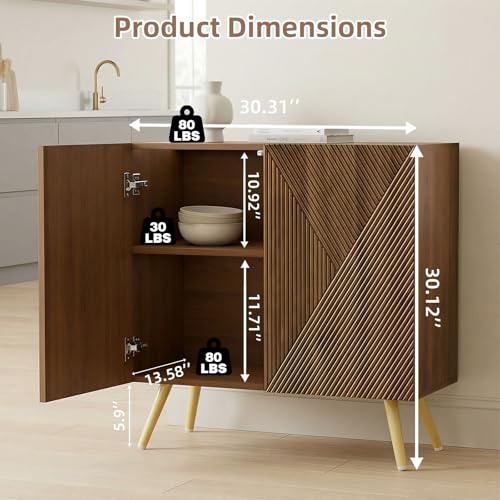 Retro Rectangular Fluted Sideboard Buffet Cabinet - 30 Inch Wood Storage with Adjustable Shelves - Space-Saving Console for Living Room & Kitchen - Variation 1