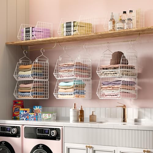 White 6-Tier Closet Hanging Organizer with Hooks & Baskets - Space Saving Storage