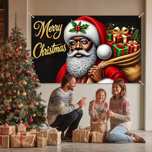 Merry Christmas Banner, African American Santa, 71x43 in - BlissYard, Indoor/Outdoor Holiday Decoration (Variation: Merry Christmas Banner#1)