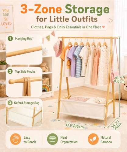 Homde Bamboo Kids Clothes Rack 66 lb Capacity Foldable Wardrobe Organizer