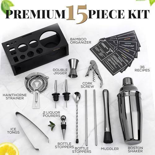Black Stainless Steel Cocktail Shaker Set with Wood Stand - 15 Piece Bartender Kit - Gun Metal/Black