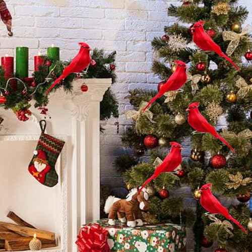 2pcs Red Cardinals Birds Decor Cover with Feather 5.5inch Clip on Artificial Bird Figurines for Crafts Decoration Christmas Tree Ornaments
