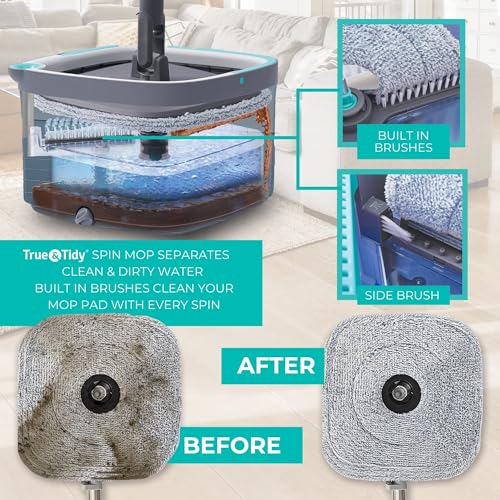 True & Tidy Spin Mop System - Dual Compartment, 360° Swivel, Microfiber Pads - Standard Version