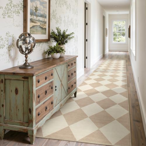 Beeiva 2.5x12 ft Beige Checkered Hallway Runner Rug - Washable Faux Wool, Non-Slip Diamond Pattern Carpet