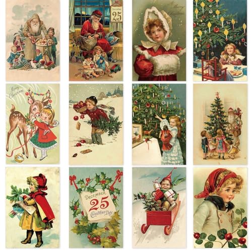 Vintage Christmas Postcard Set 12 pcs – Pretty Greeting Cards for Holiday Wishes