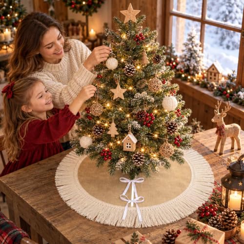 Mini Burlap Christmas Tree Skirt 24 Inch with Tassels – Small Fall Rustic Linen