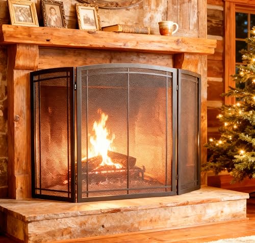 FireBeauty 3-Panel Wrought Iron Fireplace Screen 48x30 Inch Black Safety Guard