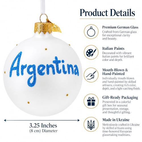 Argentina Flag Glass Christmas Ornament 3.25 Inches Hand-Painted Holiday Decor
