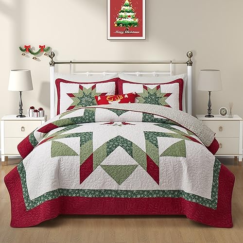 King Size Christmas Quilt Bedding Set 106x96 Cotton 3-Piece White Red Green