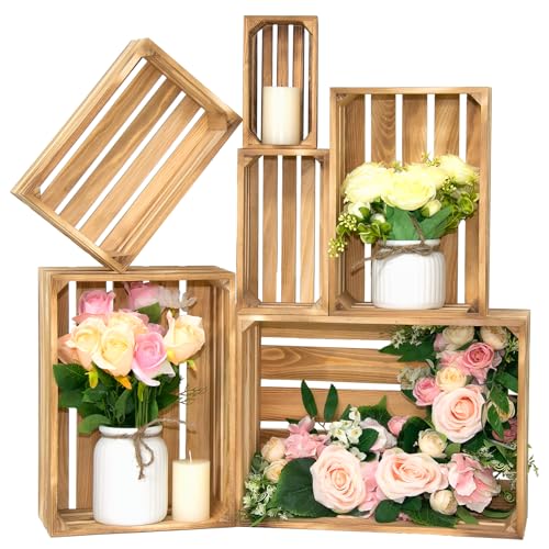 Small Wooden Crates Set of 6 Nesting Storage Bins Rustic Display Boxes