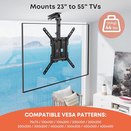 Flip Down Ceiling TV Mount for 23-55 Inch Displays - Manual Adjustable, Space Saver
