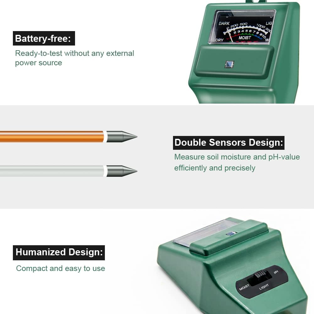 SONKIR Soil pH Meter - 3-in-1 Moisture, Light & pH Tester for Gardening | Ideal for Indoor & Outdoor Use (Green)