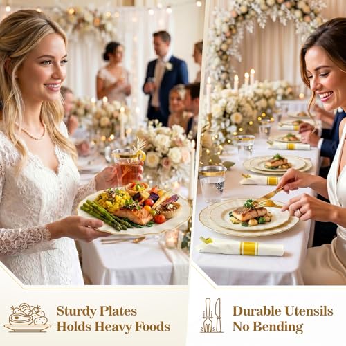 Ivory White Scalloped Plastic Dinnerware Set for 25 Guests - 175 pcs