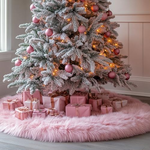 AOGU 60 Inch Pink Faux Fur Christmas Tree Skirt for Holiday Decor